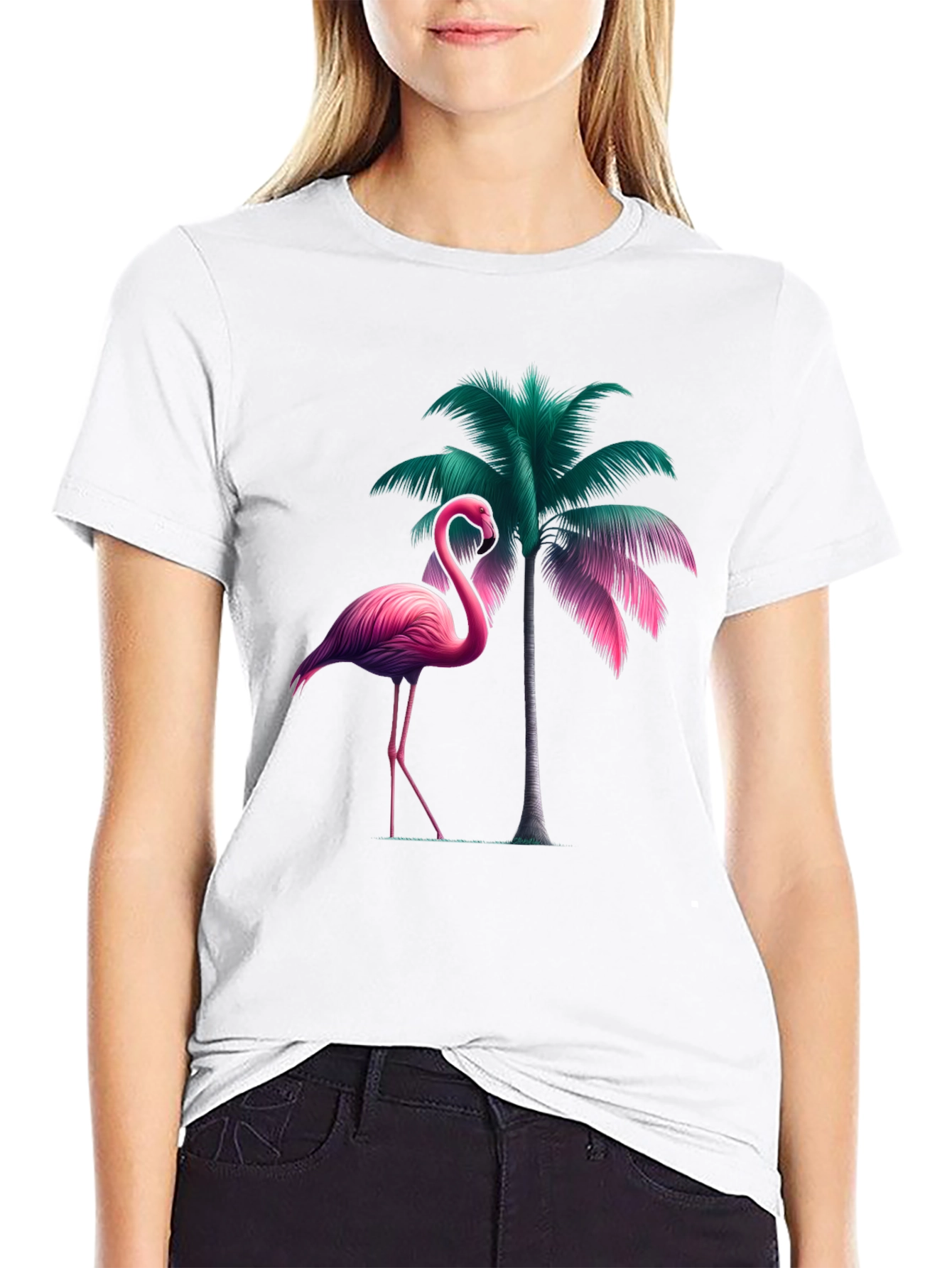 Tropical Flamingo Palm Tree Graphic T-Shirt