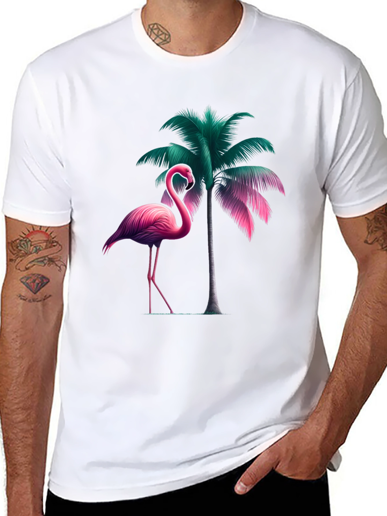 Tropical Flamingo Palm Tree Graphic T-Shirt