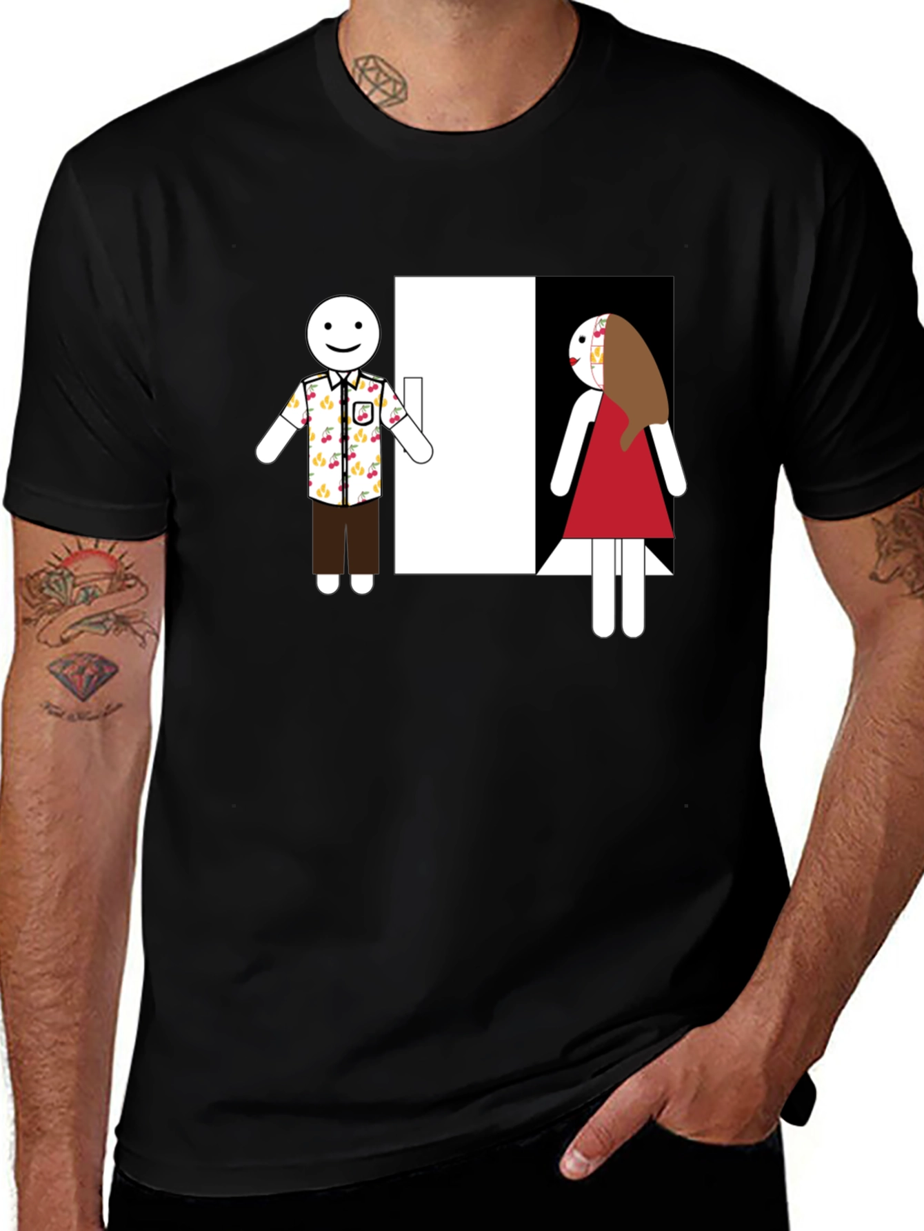 Novelty T-Shirt: Stick Figure Couple at Door