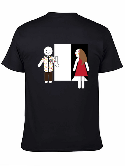 Novelty T-Shirt: Stick Figure Couple at Door