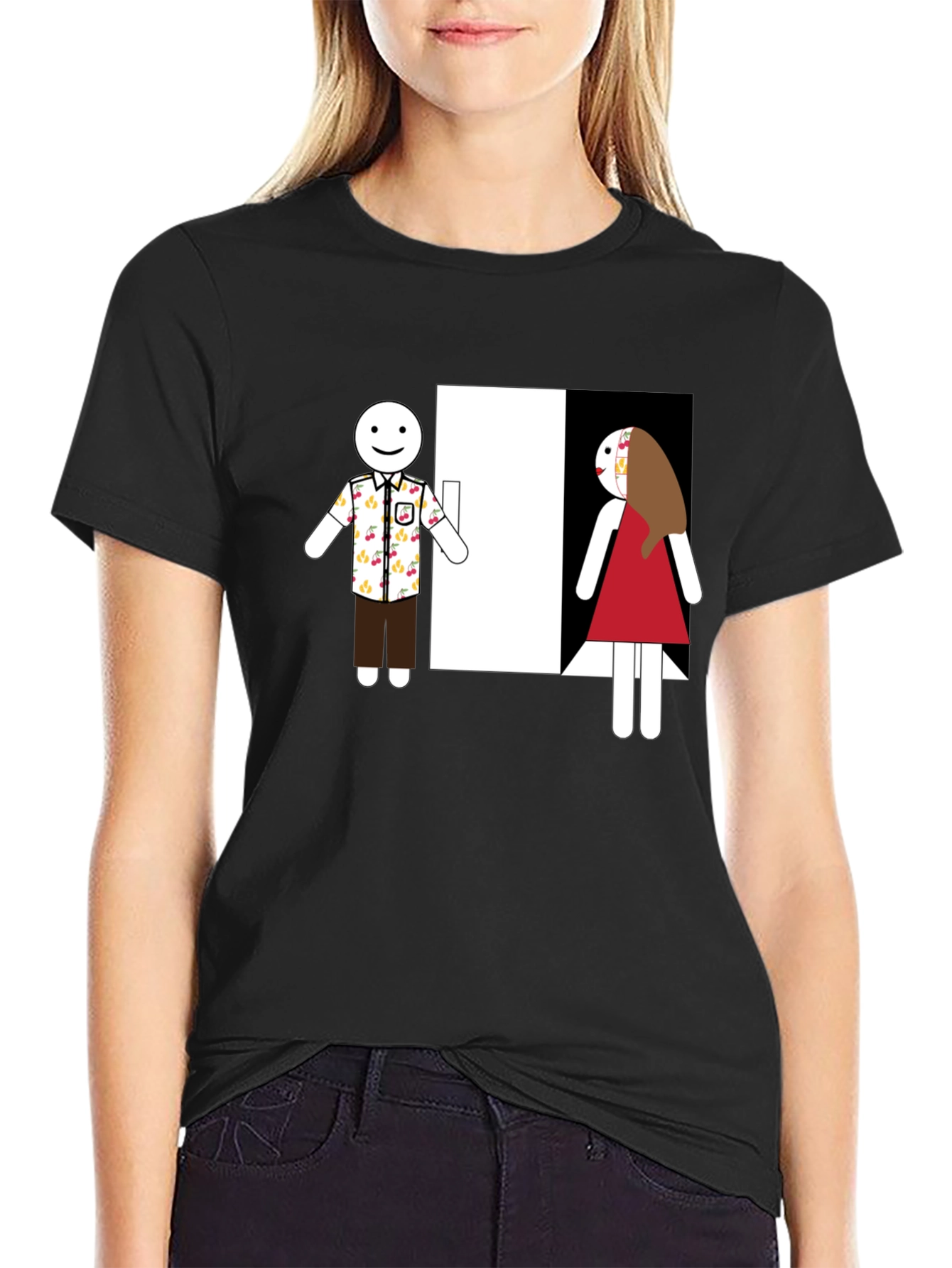 Novelty T-Shirt: Stick Figure Couple at Door