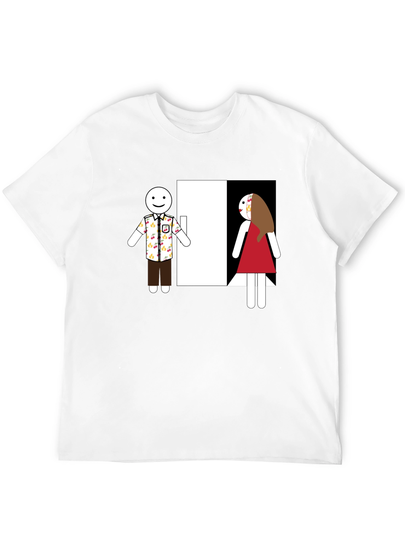 Novelty T-Shirt: Stick Figure Couple at Door
