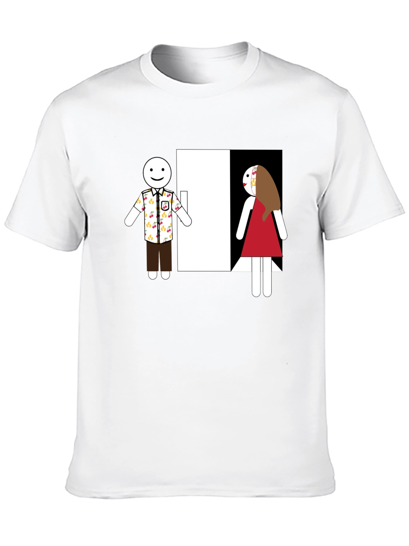 Novelty T-Shirt: Stick Figure Couple at Door