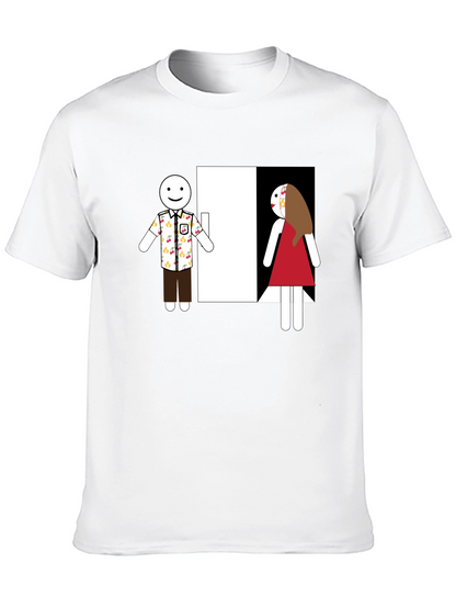 Novelty T-Shirt: Stick Figure Couple at Door