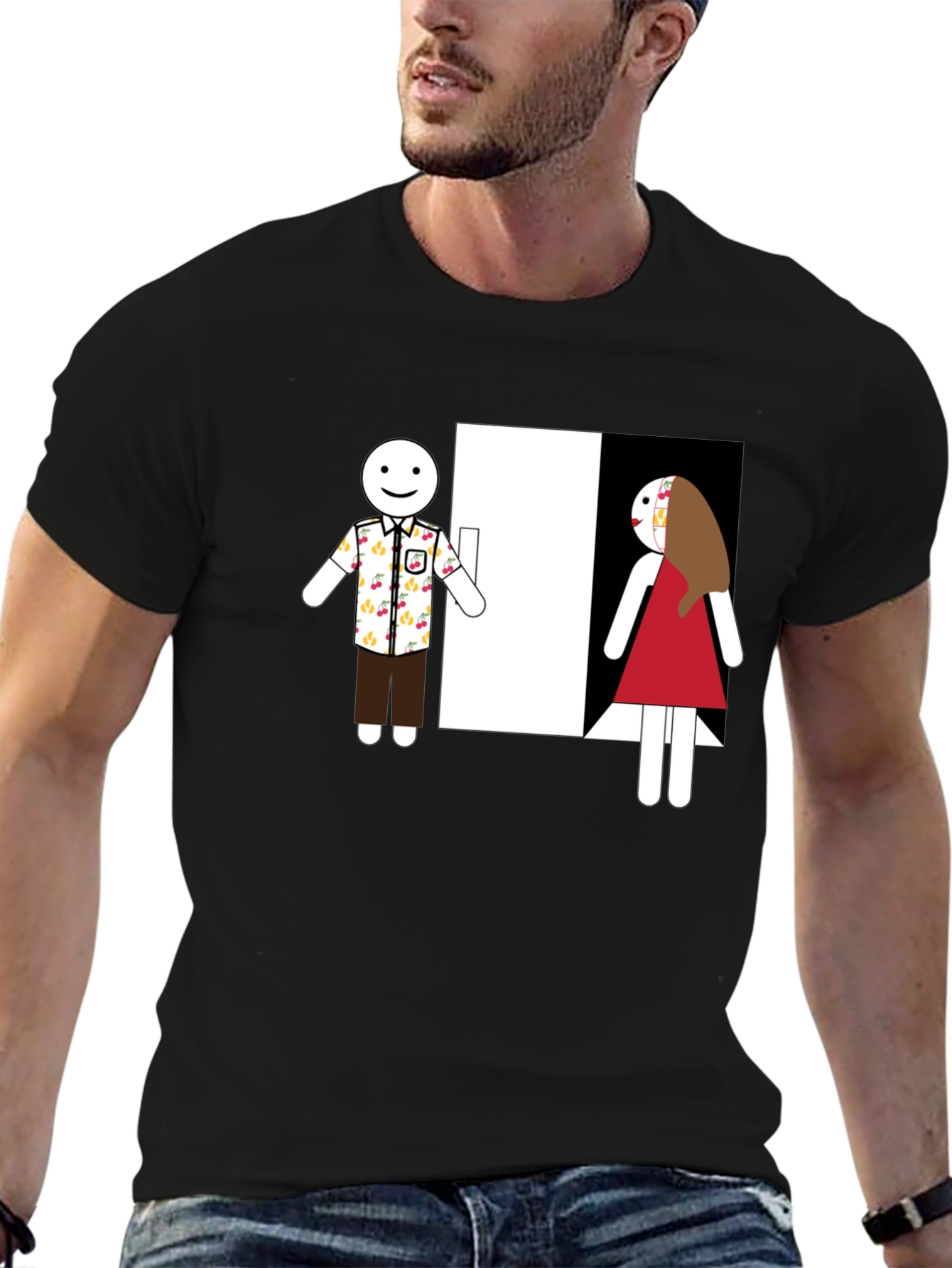 Novelty T-Shirt: Stick Figure Couple at Door