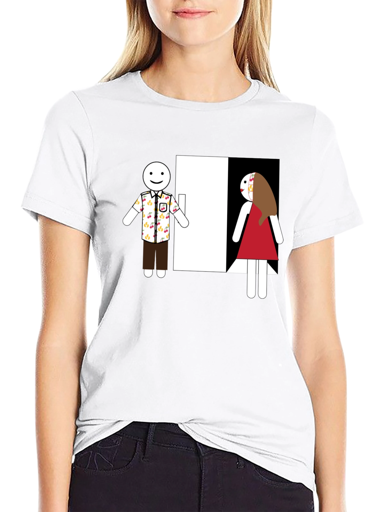 Novelty T-Shirt: Stick Figure Couple at Door
