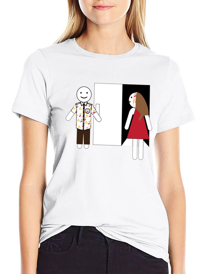 Novelty T-Shirt: Stick Figure Couple at Door