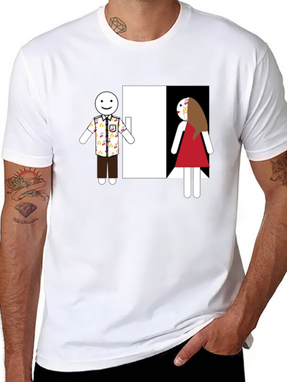 Novelty T-Shirt: Stick Figure Couple at Door