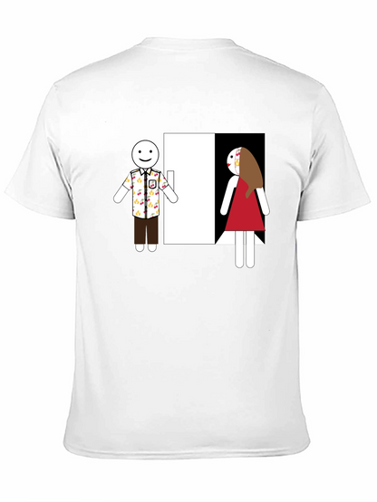 Novelty T-Shirt: Stick Figure Couple at Door