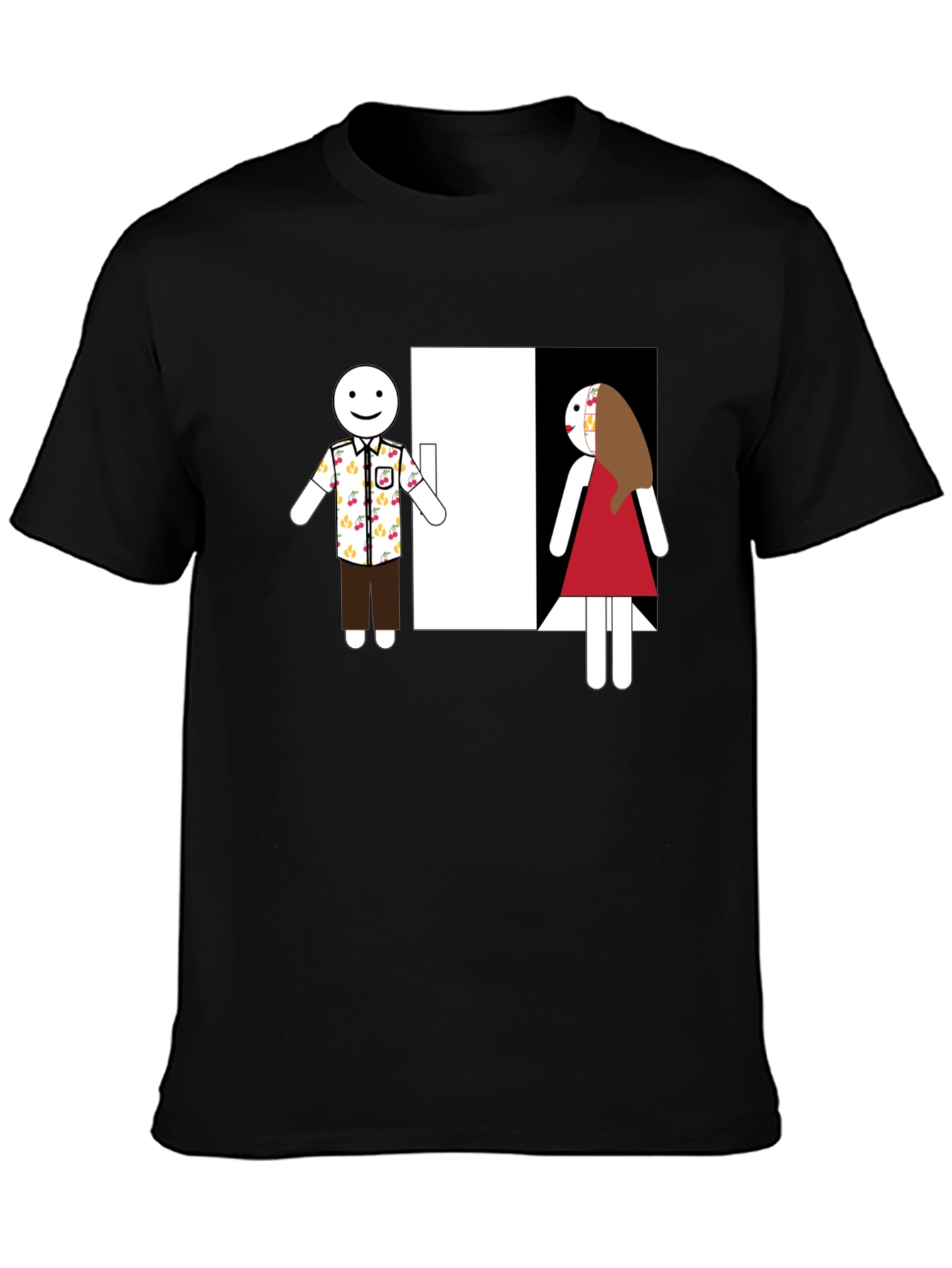 Novelty T-Shirt: Stick Figure Couple at Door