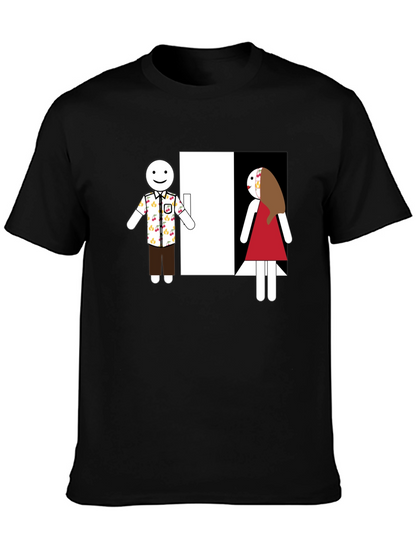 Novelty T-Shirt: Stick Figure Couple at Door