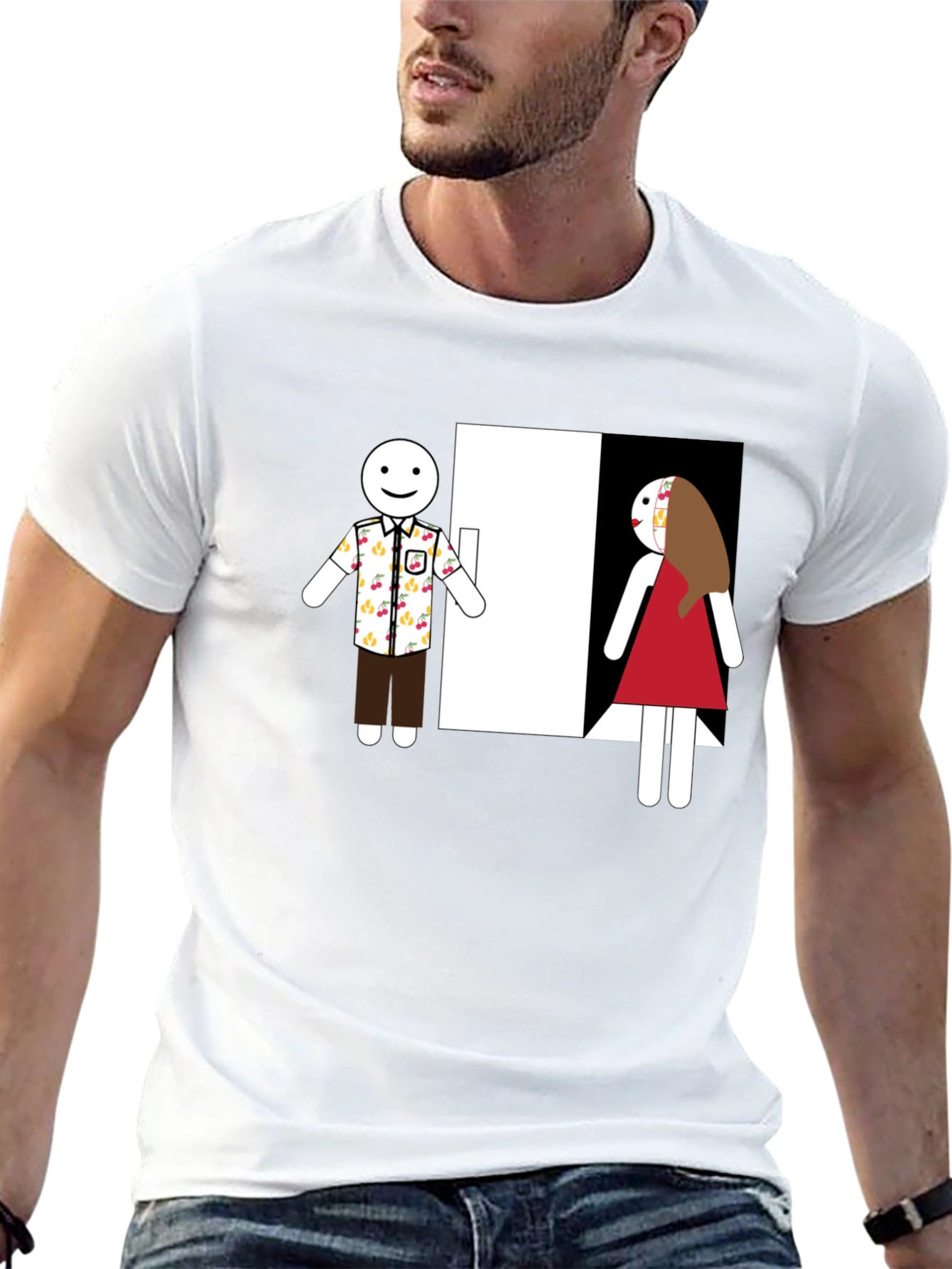 Novelty T-Shirt: Stick Figure Couple at Door
