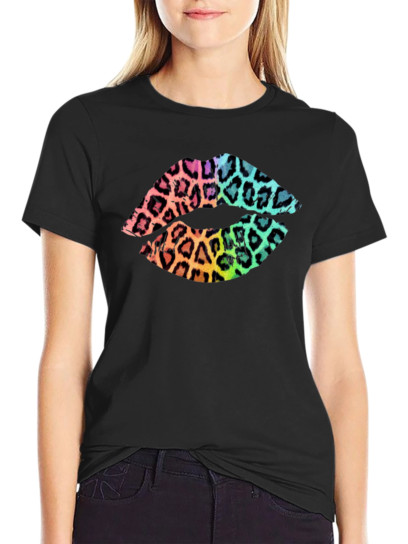 Leopard Print Lips Graphic Tee - Mens Black T-Shirt