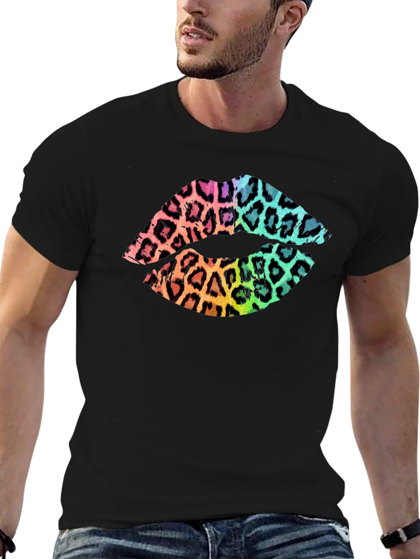 Leopard Print Lips Graphic Tee - Mens Black T-Shirt