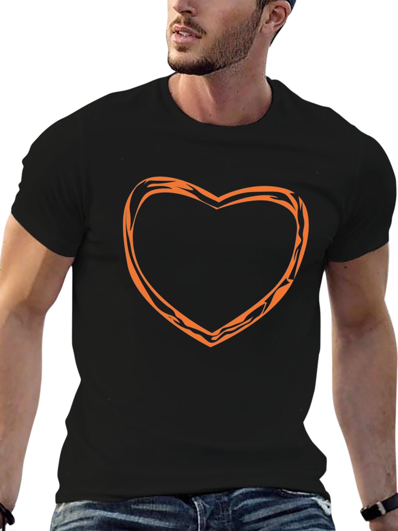 Stylish Black Tee with Orange Heart Outline