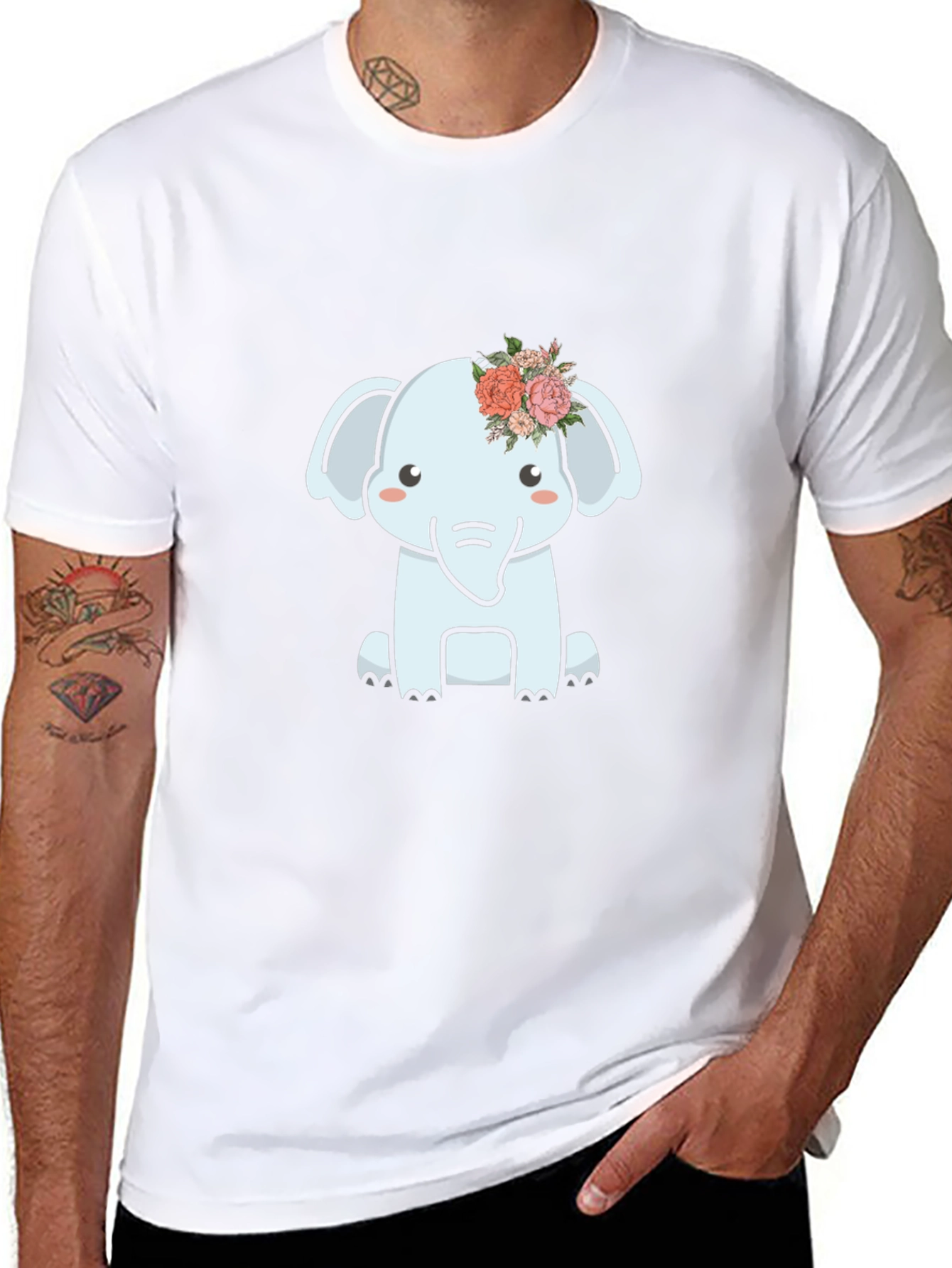 Cute Elephant Flower Crown Graphic Tee - Black