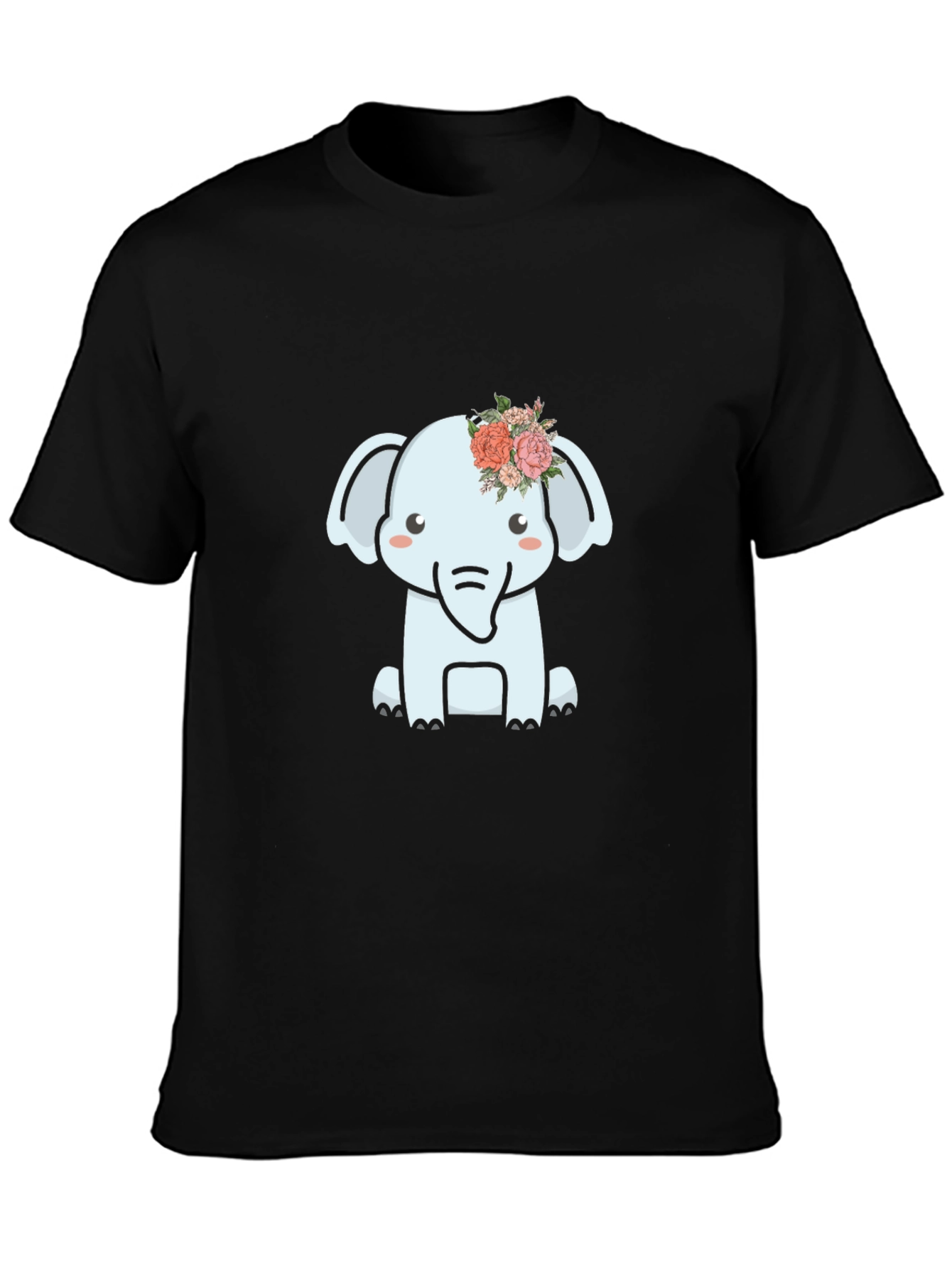 Cute Elephant Flower Crown Graphic Tee - Black