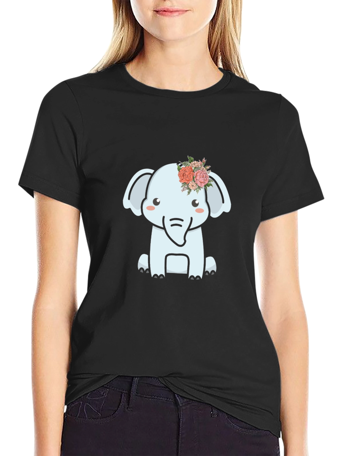 Cute Elephant Flower Crown Graphic Tee - Black