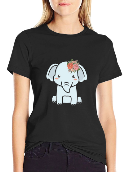 Cute Elephant Flower Crown Graphic Tee - Black