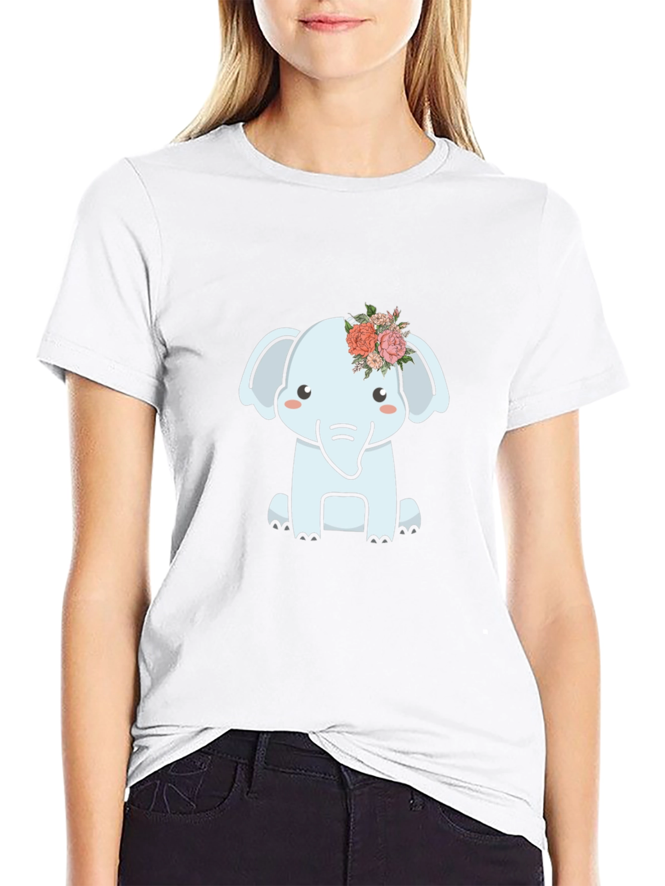 Cute Elephant Flower Crown Graphic Tee - Black
