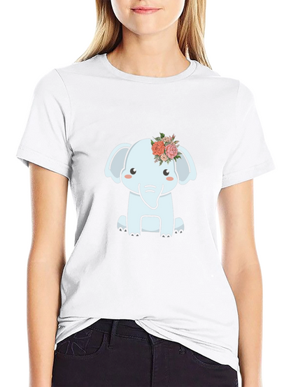 Cute Elephant Flower Crown Graphic Tee - Black