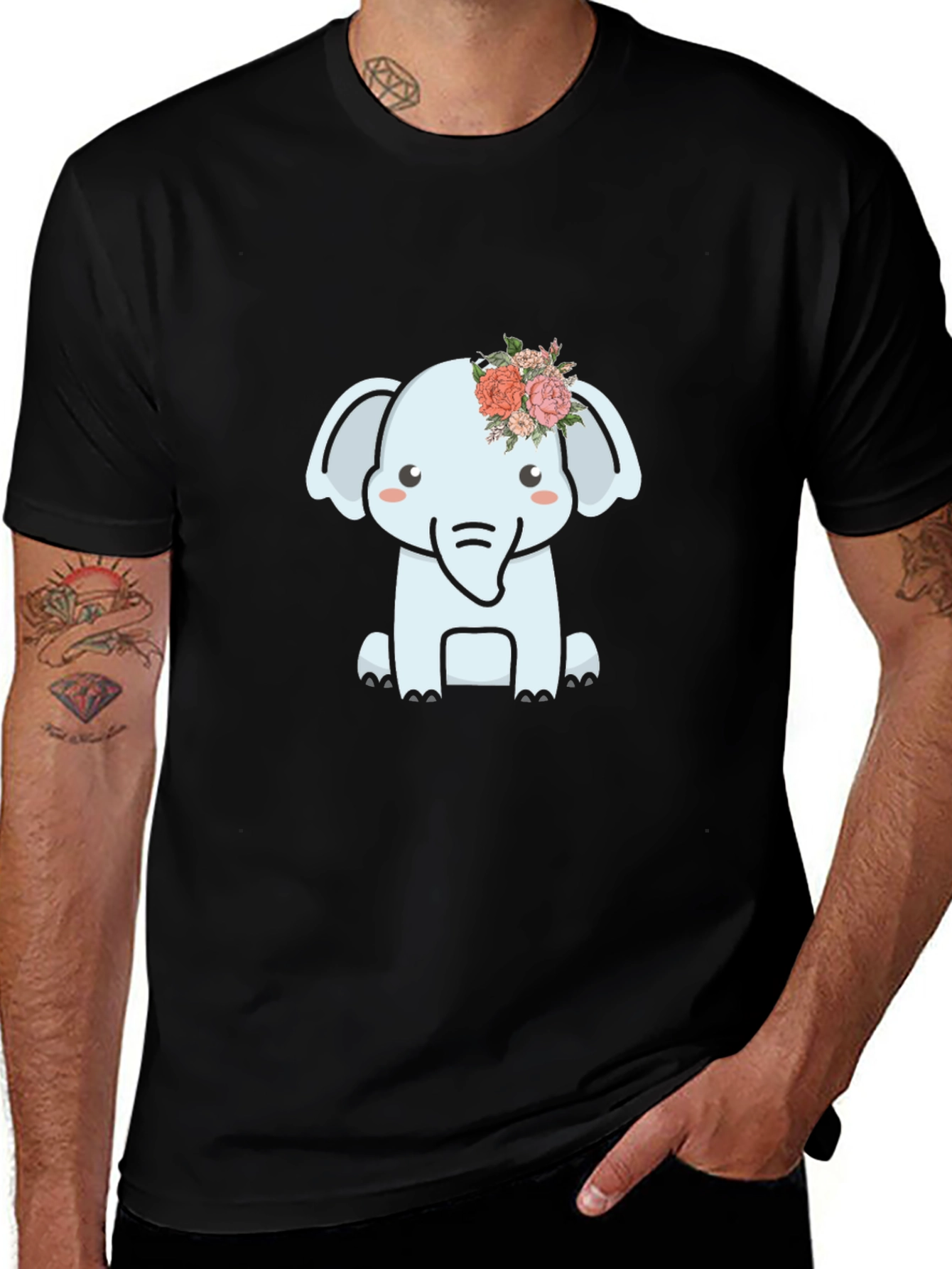 Cute Elephant Flower Crown Graphic Tee - Black