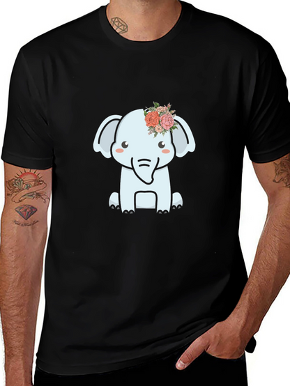 Cute Elephant Flower Crown Graphic Tee - Black