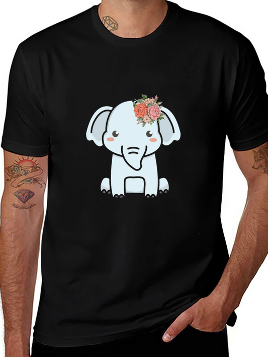 Cute Elephant Flower Crown Graphic Tee - Black