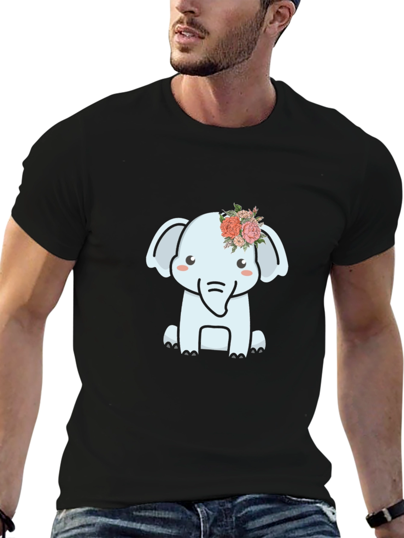 Cute Elephant Flower Crown Graphic Tee - Black