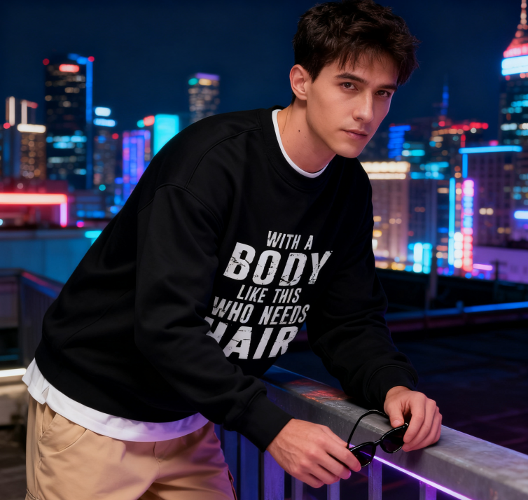 With A Body Like This Who Needs Hair" Humorous Crewneck Sweatshirt