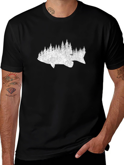 Fish & Trees Graphic Tee - Black Cotton T-Shirt