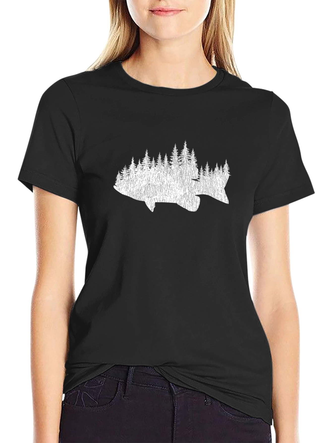 Fish & Trees Graphic Tee - Black Cotton T-Shirt