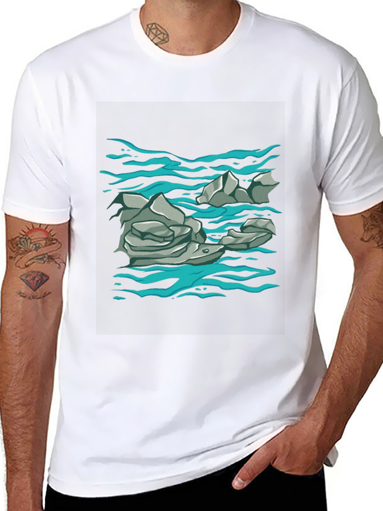 Rock and Water Graphic Print Black T-Shirt