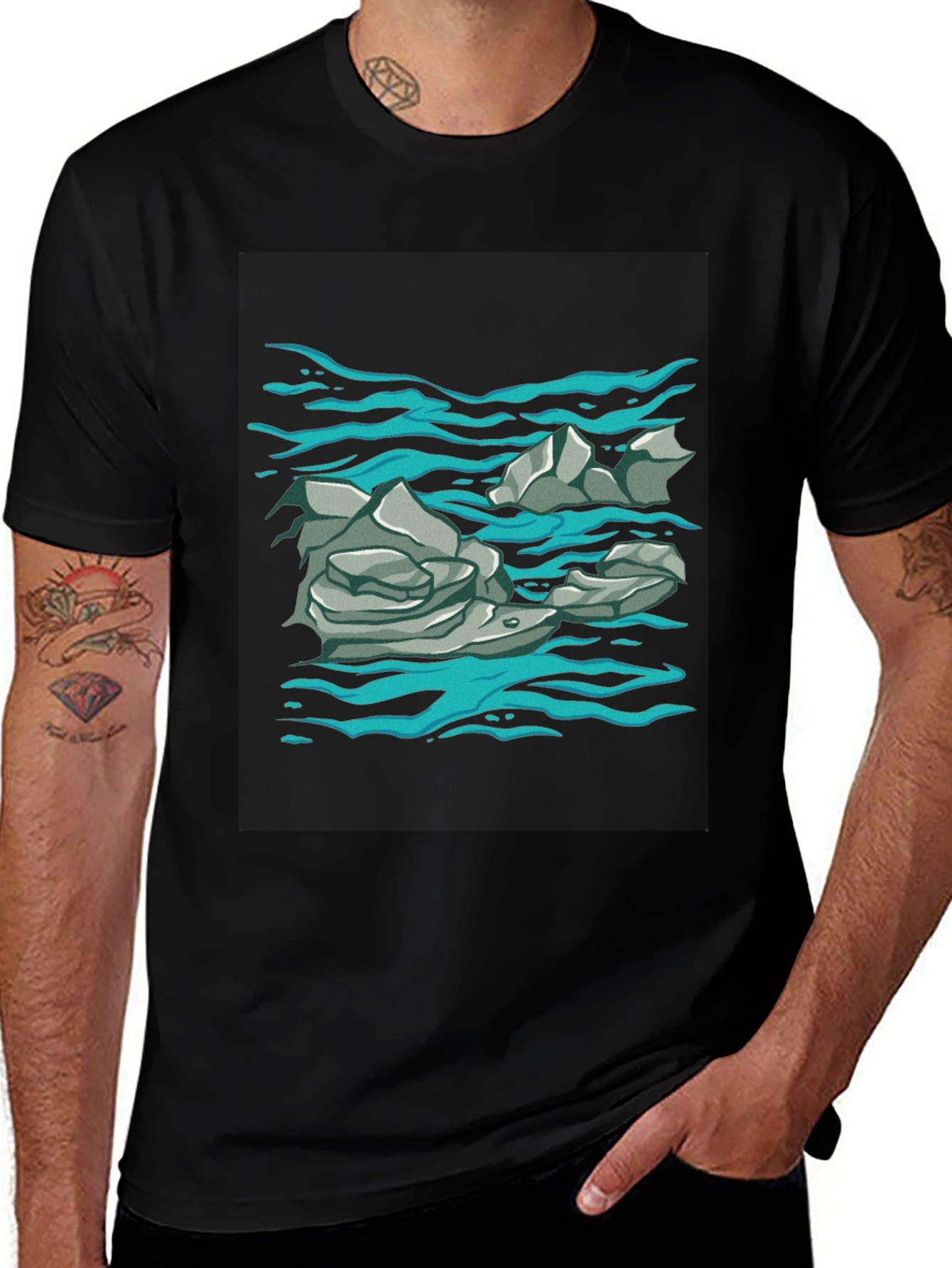 Rock and Water Graphic Print Black T-Shirt