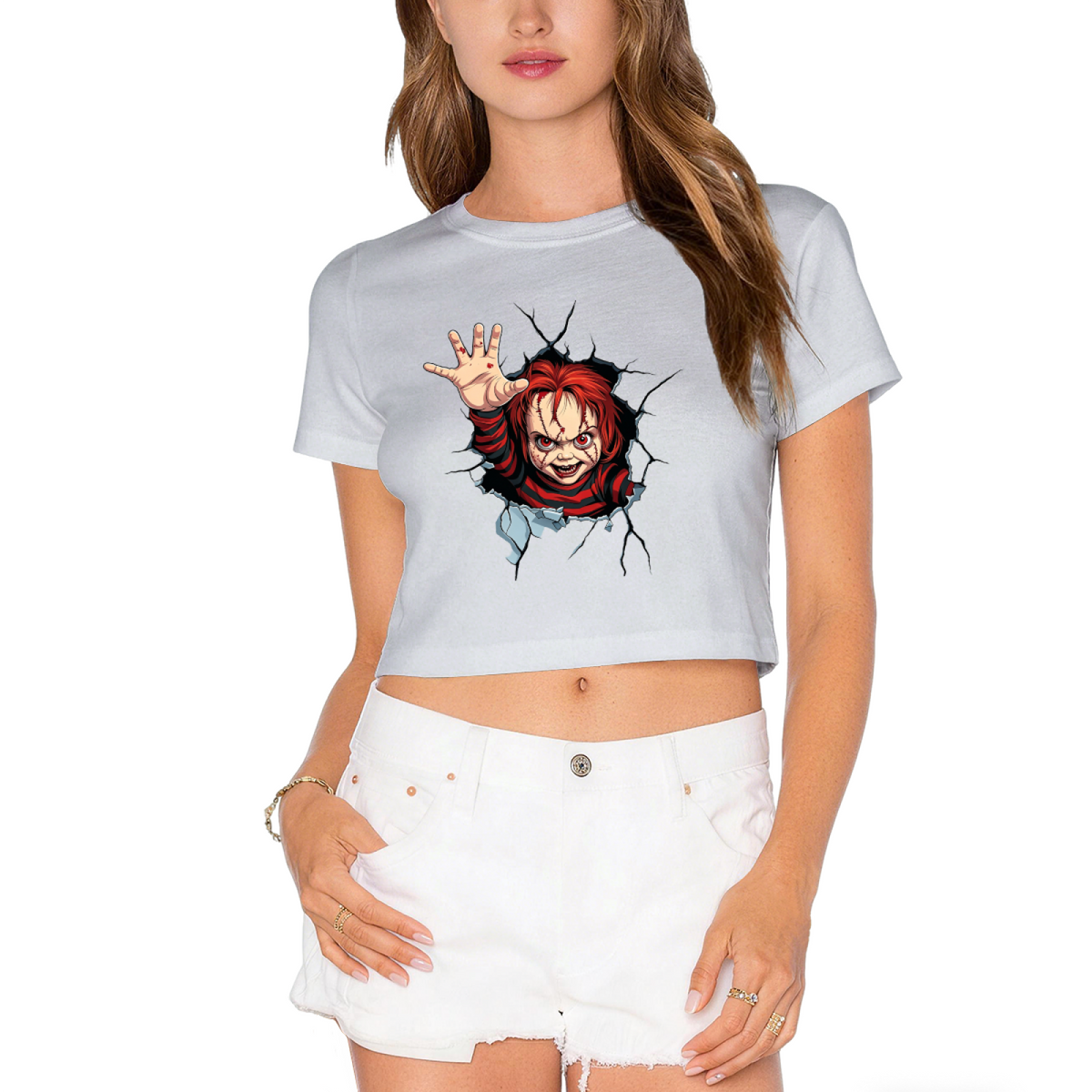 Terrifying Chucky Breaking Through Wall Horror Halloween Crop Top