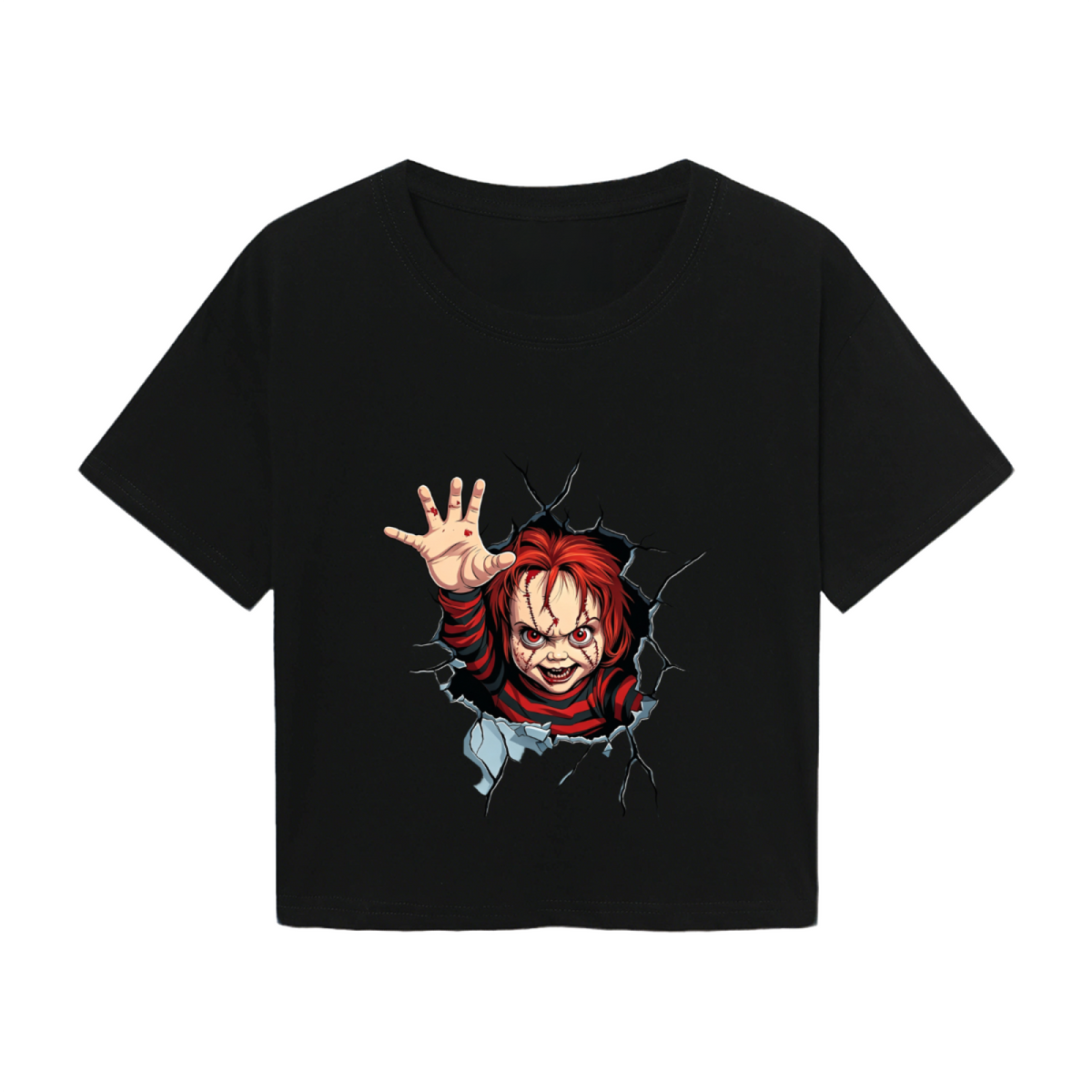 Terrifying Chucky Breaking Through Wall Horror Halloween Crop Top