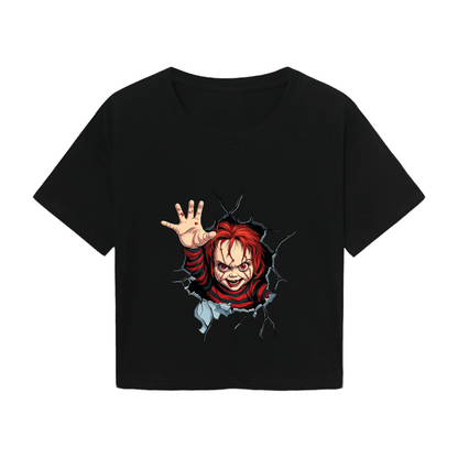 Terrifying Chucky Breaking Through Wall Horror Halloween Crop Top