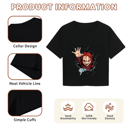 Terrifying Chucky Breaking Through Wall Horror Halloween Crop Top