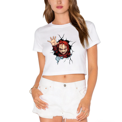 Terrifying Chucky Breaking Through Wall Horror Halloween Crop Top