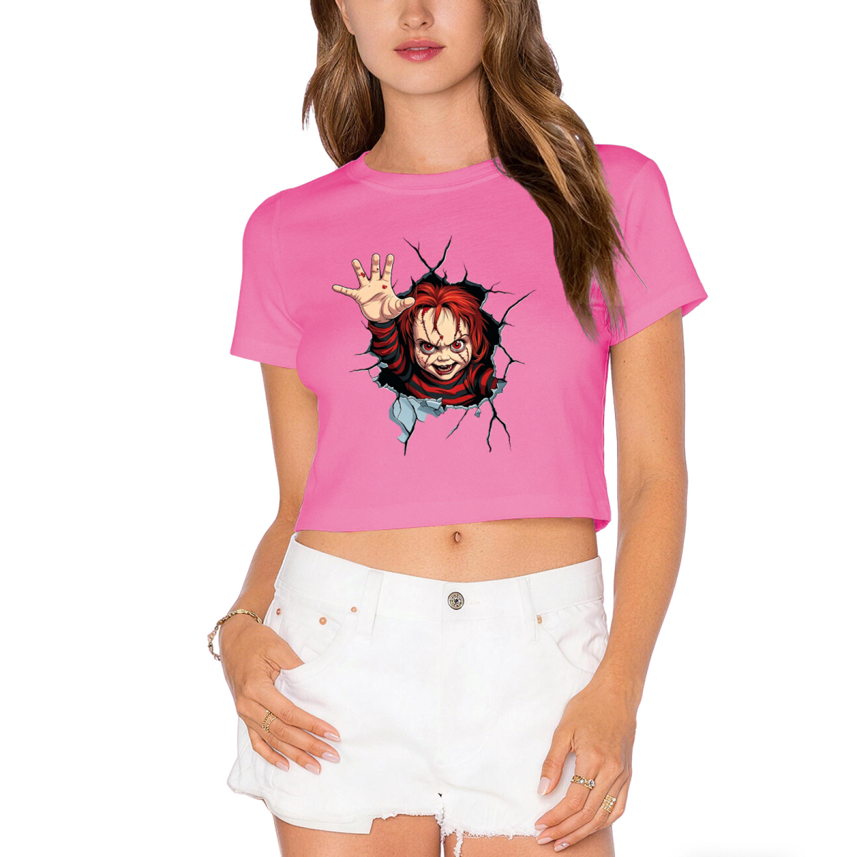 Terrifying Chucky Breaking Through Wall Horror Halloween Crop Top