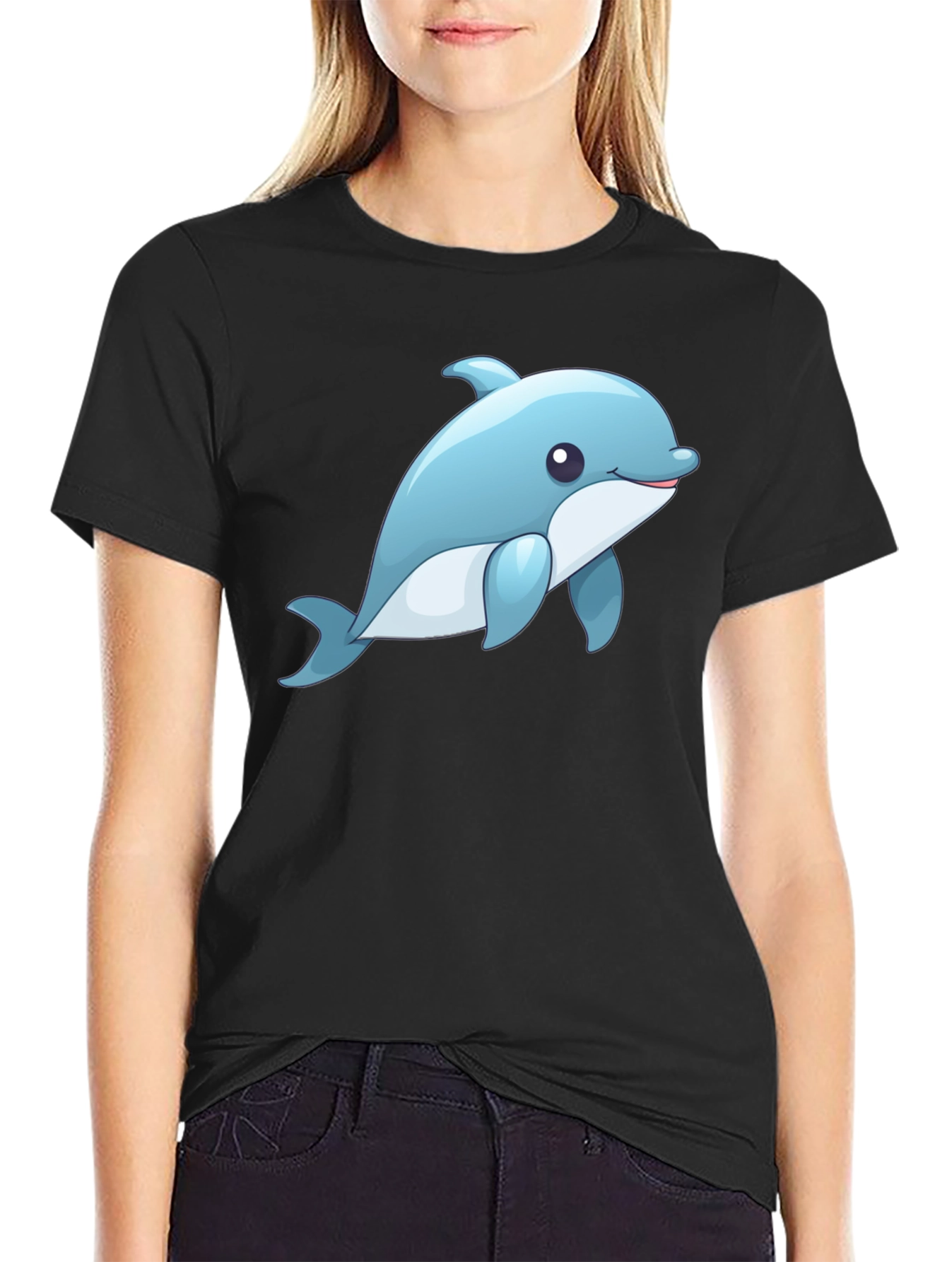 Cute Dolphin Graphic Tee - Black Cotton T-Shirt