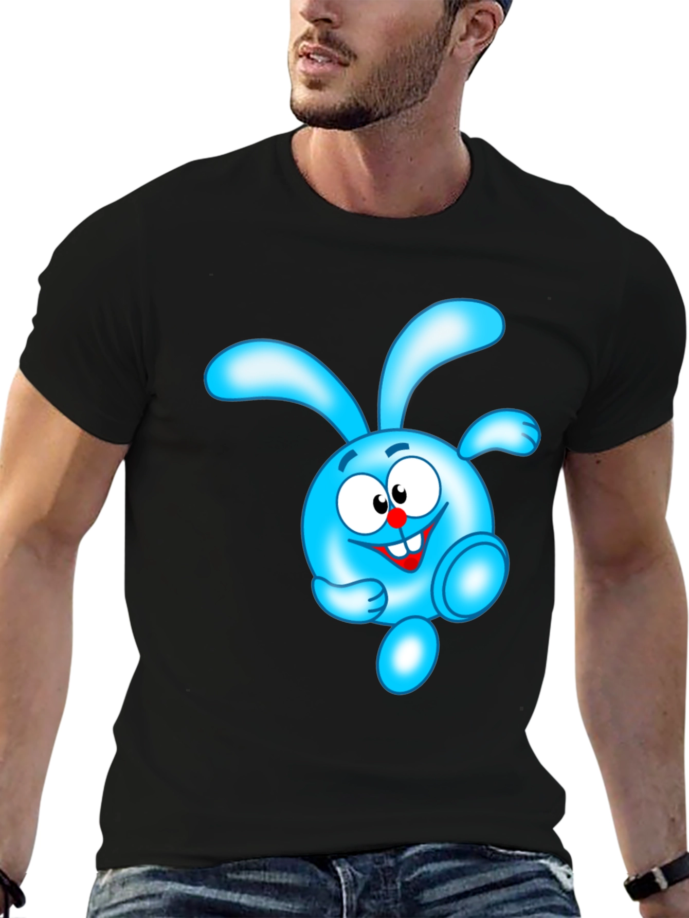 Blue Cartoon Character Black T-Shirt