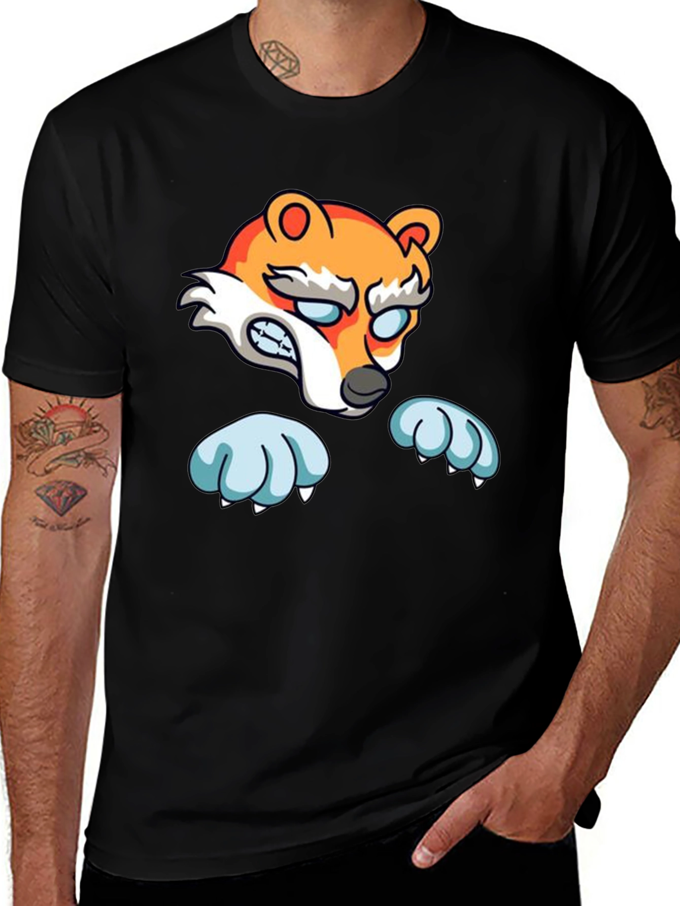 Cartoon Fox Graphic Black T-Shirt
