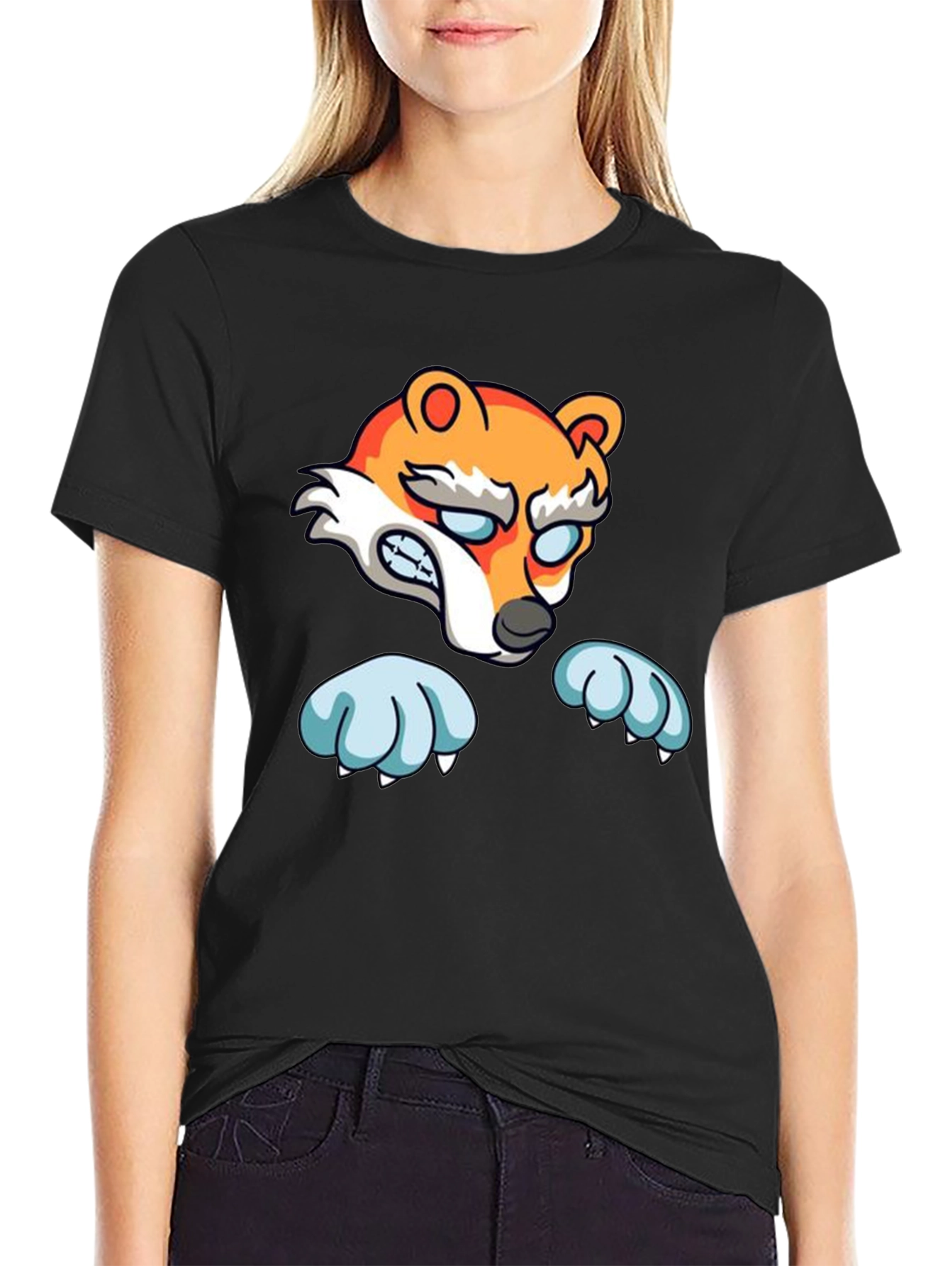 Cartoon Fox Graphic Black T-Shirt