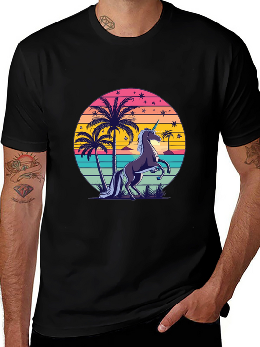 Unicorn Sunset T-Shirt - Retro Palm Tree Design