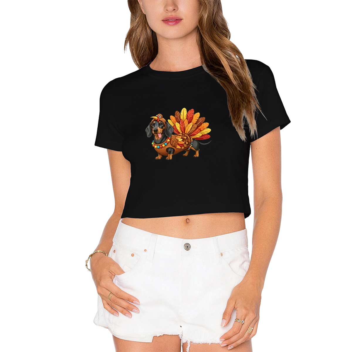 Cute Dachshund In Turkey Costume Thanksgiving Cropped Tee