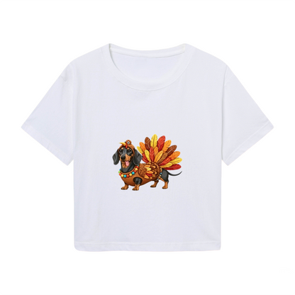 Cute Dachshund In Turkey Costume Thanksgiving Cropped Tee