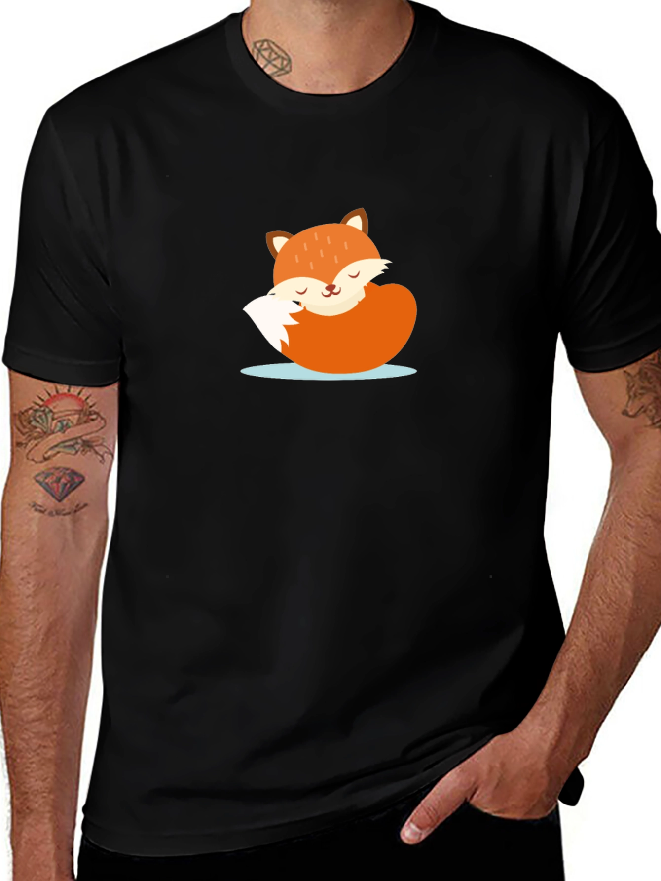 Cute Sleeping Fox Graphic Tee - Black Casual T-Shirt