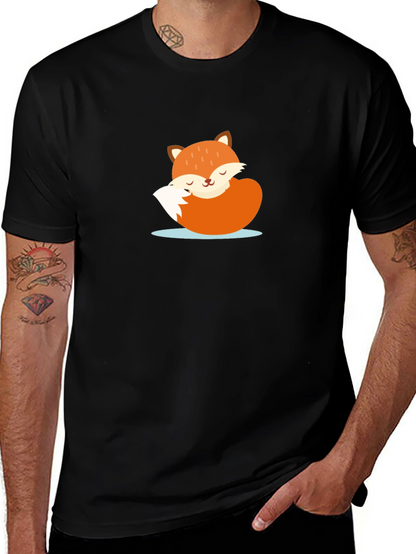 Cute Sleeping Fox Graphic Tee - Black Casual T-Shirt
