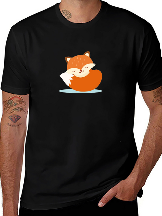 Cute Sleeping Fox Graphic Tee - Black Casual T-Shirt